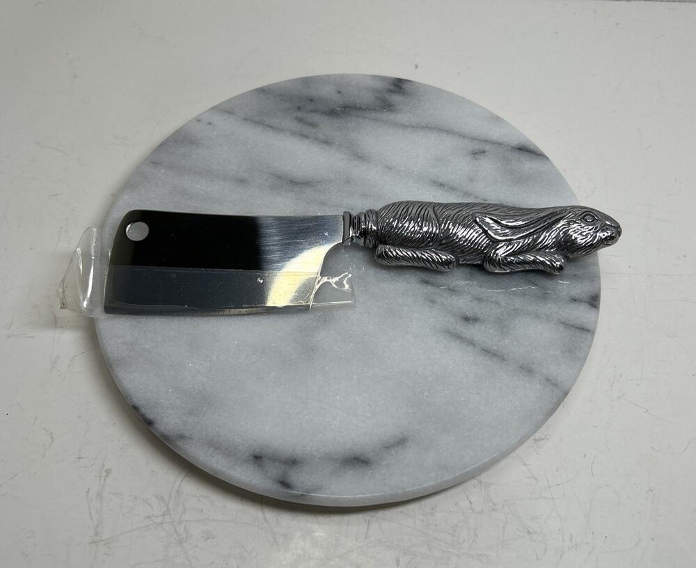Arthur Court White Marble Cheese 7" Round Tray & Bunny Rabbit Cleaver 4-380 NIB
